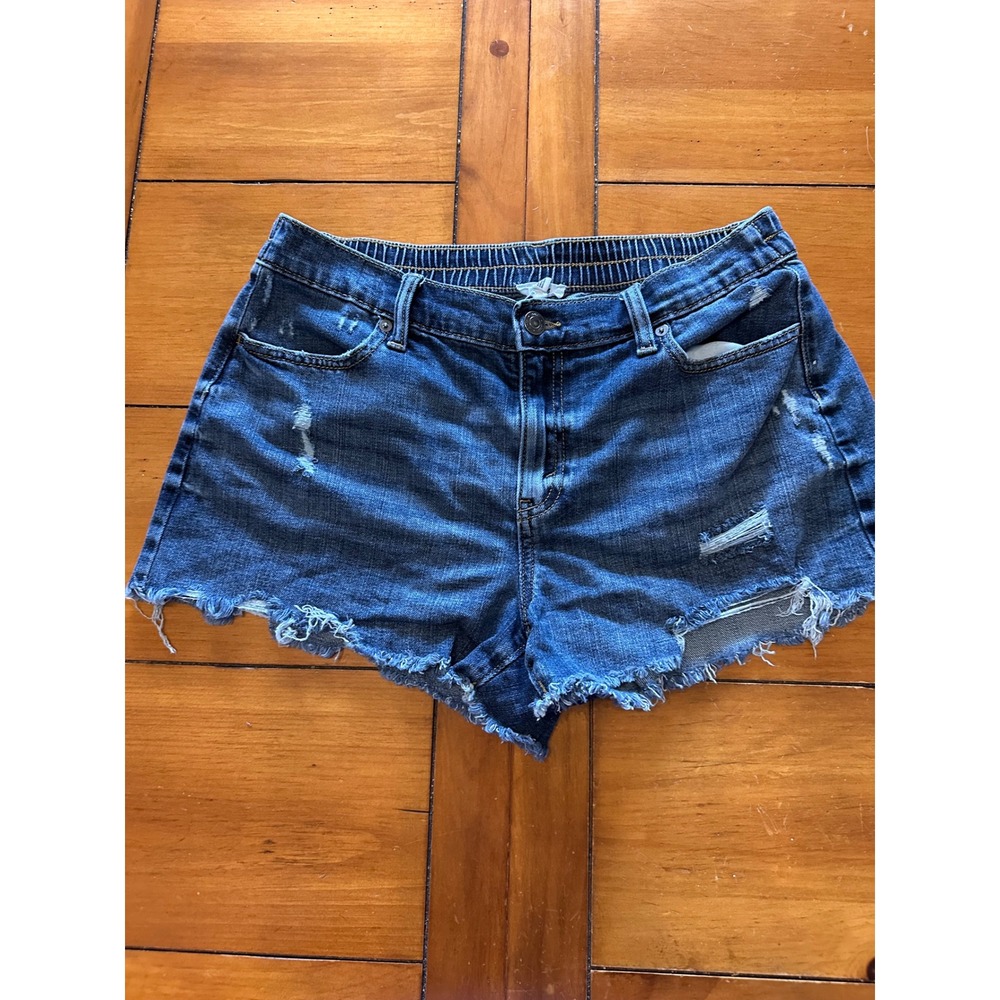 Aerie Womens Medium Distressed Denim Shorts Elastic Back High Rise Cut Off Blue - Picture 2 of 6
